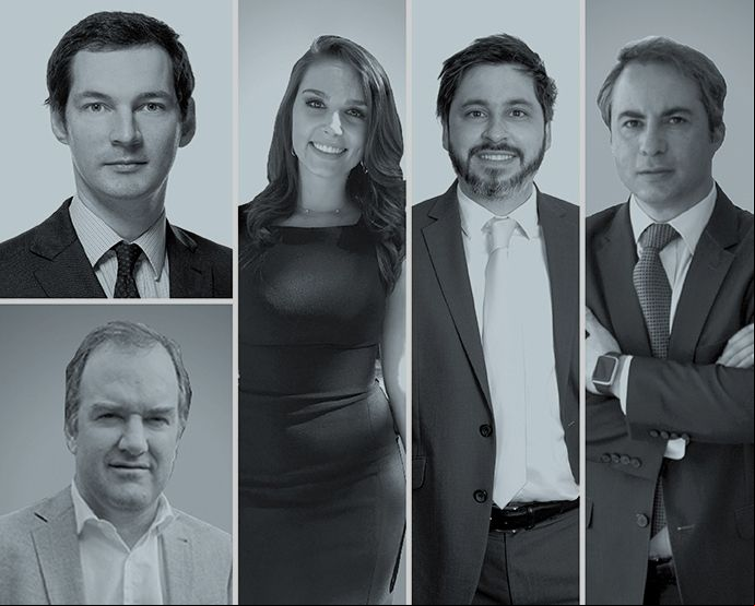 Pablo Bravo Burnier, de Apparcel Uriarte & Vassallo Abogados (arriba a la izquierda); Rodrigo Ropert, de Anitat Abogados (abajo a la izquierda); Débora Brasil, de Chirgwin; César Gálvez Tobar, de Guerrero Olivos, y Rodrigo Delaveau, de Morales & Besa.