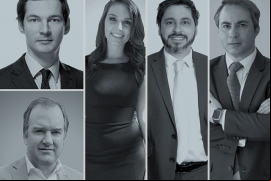Pablo Bravo Burnier, de Apparcel Uriarte & Vassallo Abogados (arriba a la izquierda); Rodrigo Ropert, de Anitat Abogados (abajo a la izquierda); Débora Brasil, de Chirgwin; César Gálvez Tobar, de Guerrero Olivos, y Rodrigo Delaveau, de Morales & Besa.