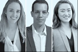 Josefa Larraín Errázuriz, de DLA Piper - Chile (izquierda); Federico Lemos, de Dentons Jiménez de Aréchaga, y Carolina Kiyomi Iwamoto, de Pinheiro Neto Advogados.