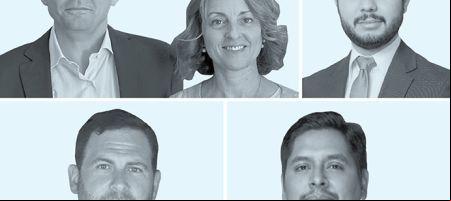 Simone Riva y Antonella Giraudi, de ONTIER - Italia (arriba, izquierda y centro); Roy Millares, de Mayora & Mayora (arriba a la derecha); Jorge Lazarte, de Payet, Rey, Cauvi, Pérez Abogados (abajo a la izquierda), y Christian Collantes, de Steck, Tapia, Collantes Abogados (abajo a la derecha).